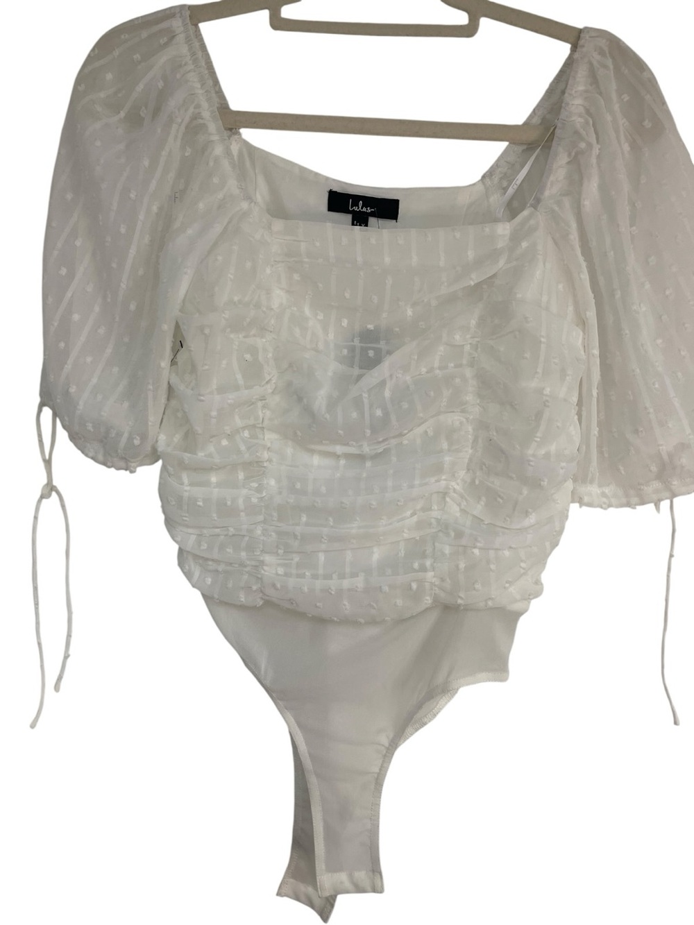 Lulus Think of Me Swiss Dot Puff Sleeve Ruched Bodysuit Ivory